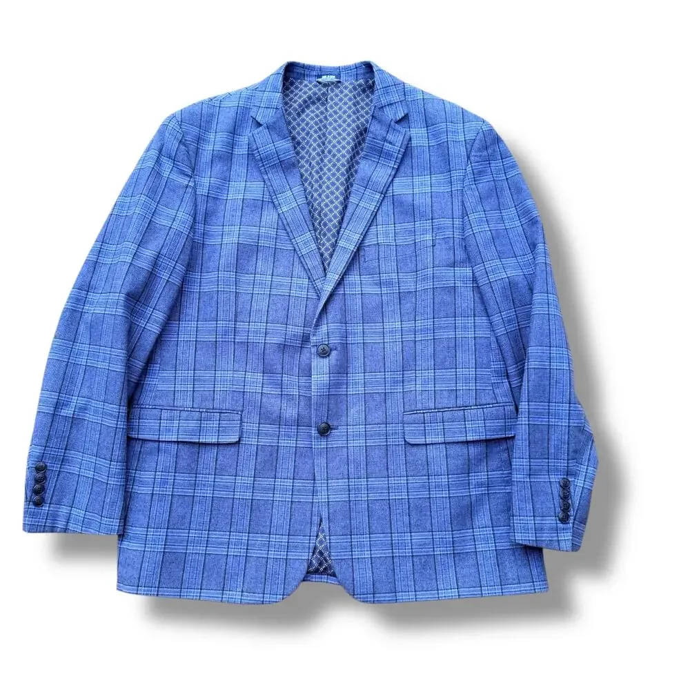 Crown & Ivy Men's 46R Blue Plaid Blazer Sport Coat Two Button Cotton Blend